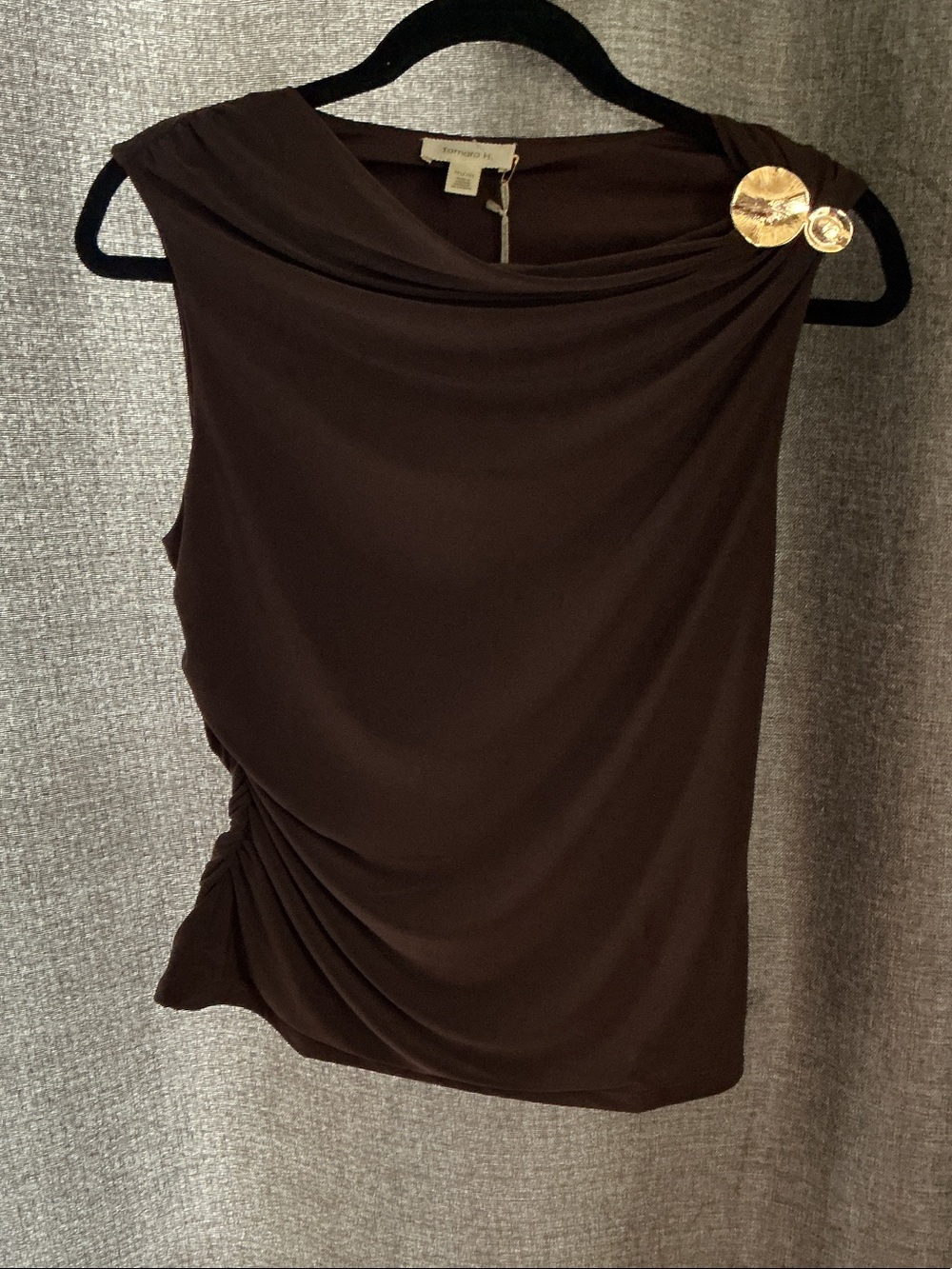 Sleeveless Draped Brown Blouse with Gold Accent